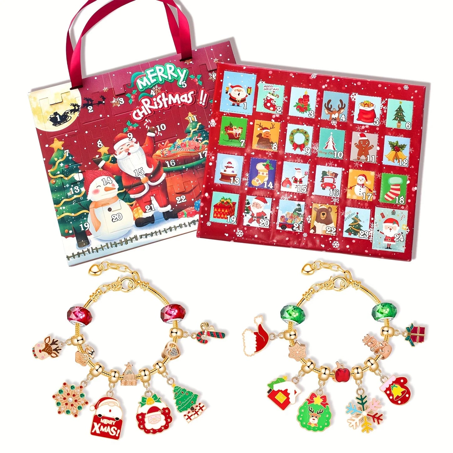 Portable portable Christmas countdown gift box, 24-day advent calendar, including Santa Claus, snowflakes, snowman pendants,