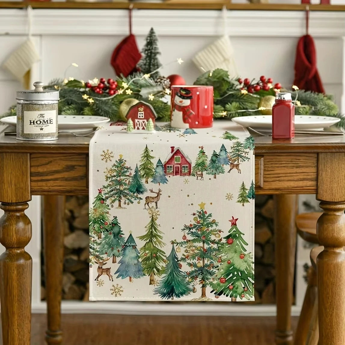 Christmas Tree Table Runner with Cedar Snowflake Print, Woven Linen Winter Theme for Indoor Outdoor Dining Home Decor