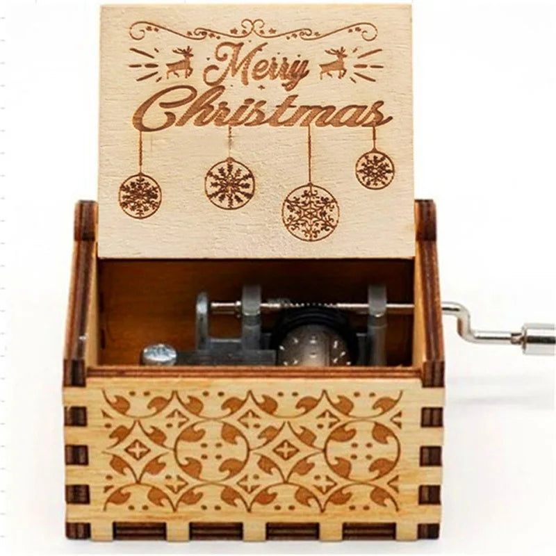 Merry Christmas Series Music Box Wooden Antique Carved Hand Cranked Classic Theme Music for Birthday Party Gifts Family Decor