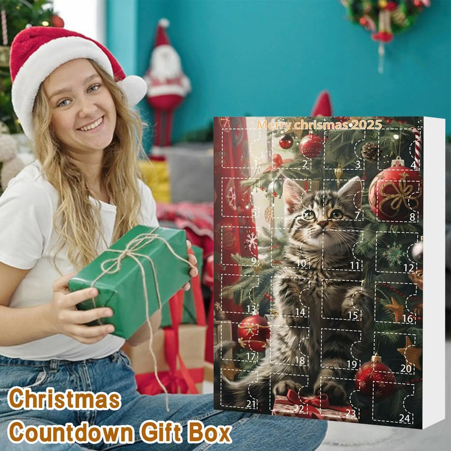 24 Piece Cat Christmas Advent Calendar Set - 2D Acrylic Cute Kitten Ornaments for Tree, Window, Wall, Door, Car Rearview Mirror