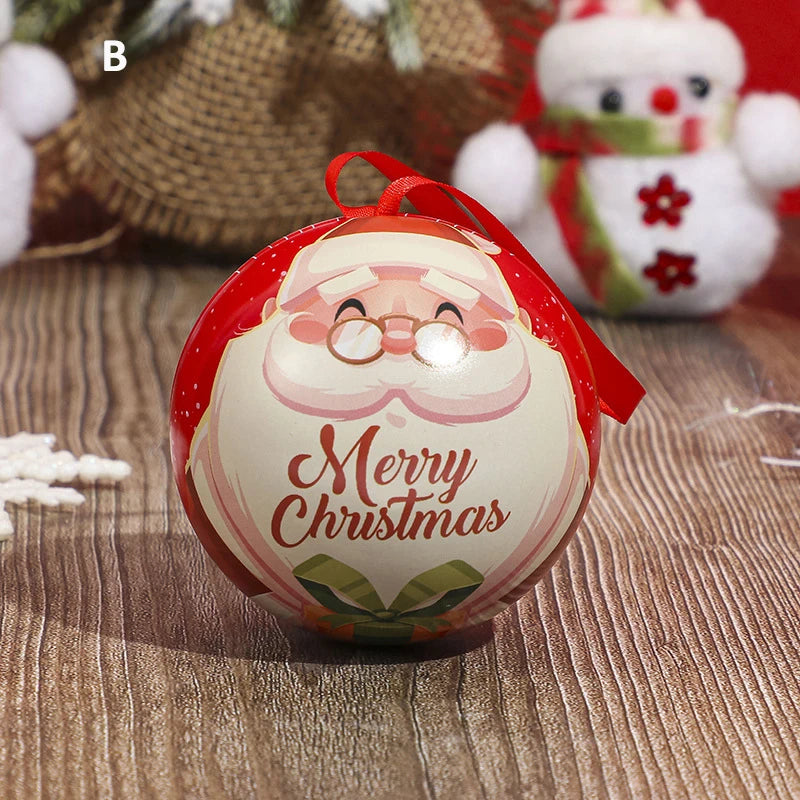 Christmas Round Ball Box Tinplate Candy Box Christmas Tree Decorations Candy Jar Xmas Tree Hanging Ball Candy Cans Kids Gift
