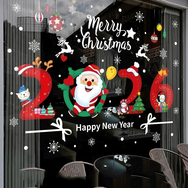 2026 Happy New Year Christmas Decorative Sticker Glass Window Static Sticker Merry Xmas Shopping Center Shop Decorative Sticker