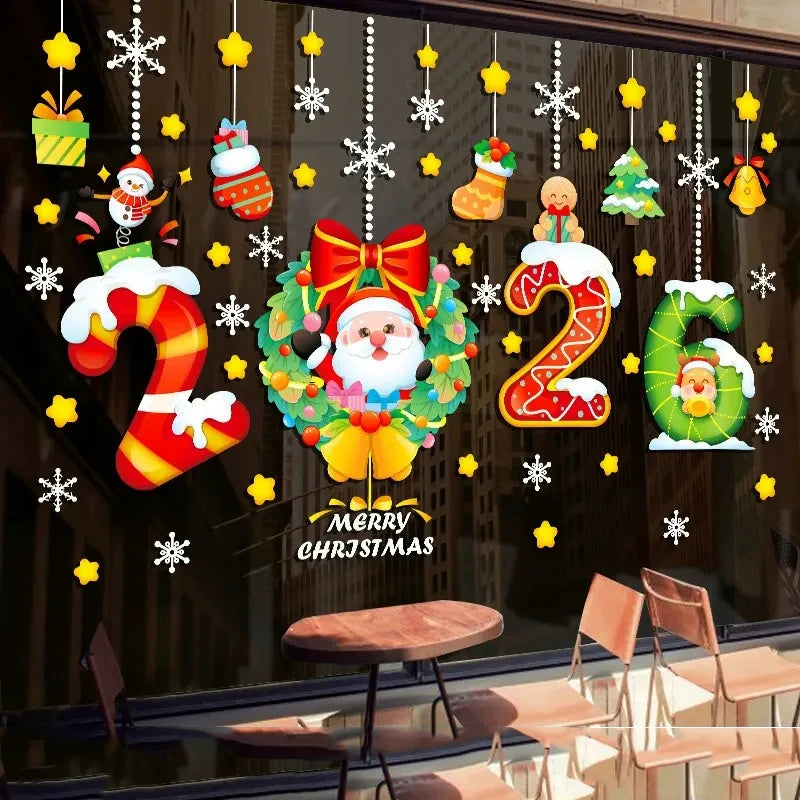 2026 Happy New Year Christmas Decorative Sticker Glass Window Static Sticker Merry Xmas Shopping Center Shop Decorative Sticker
