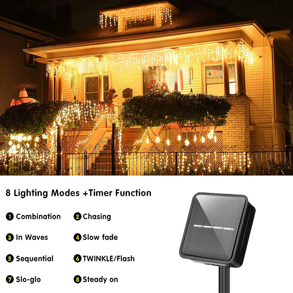 Solar Christmas Eaves Lights String Outdoor Waterproof Icicle Lights 8 Modes for Eaves Yard Party Indoor Holiday Decoration