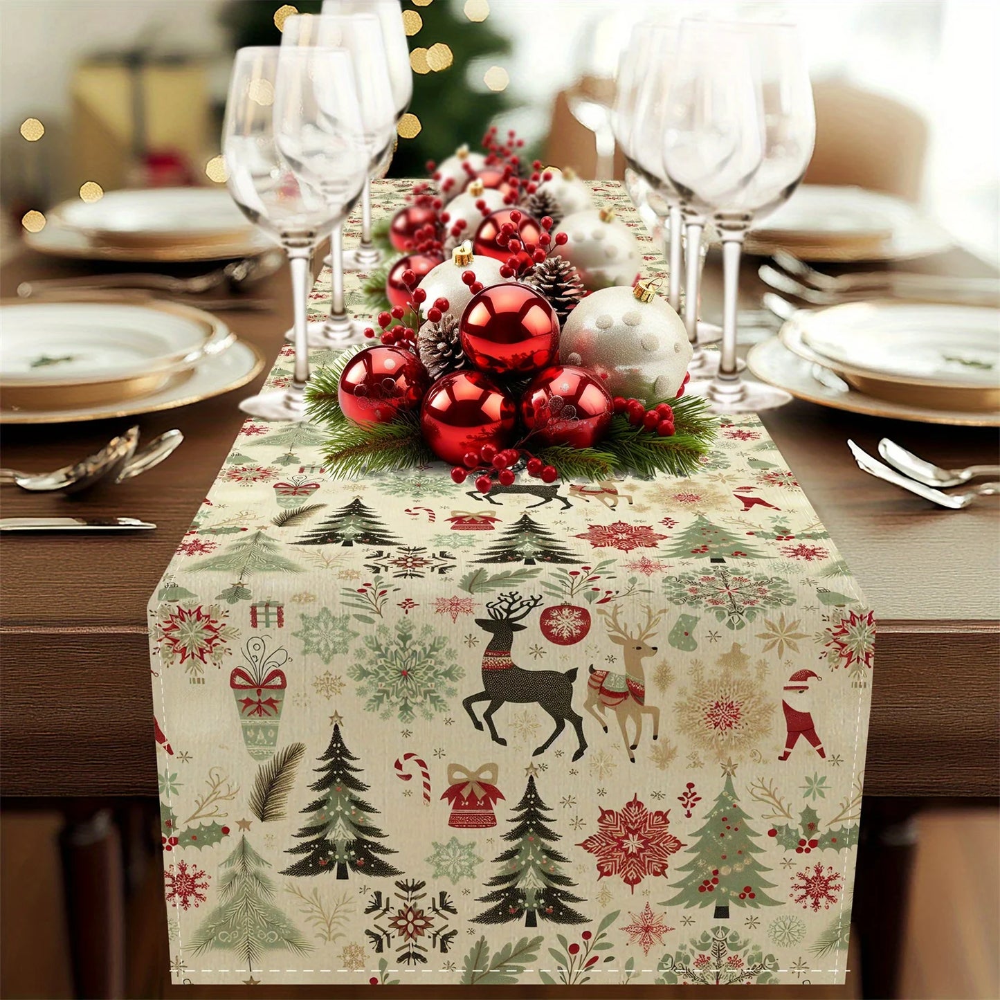 Festive Christmas Table Runner | Reindeer, Pine Trees & Snowflakes Design |Ideal for Dining Room , Holiday Dining Table Settings