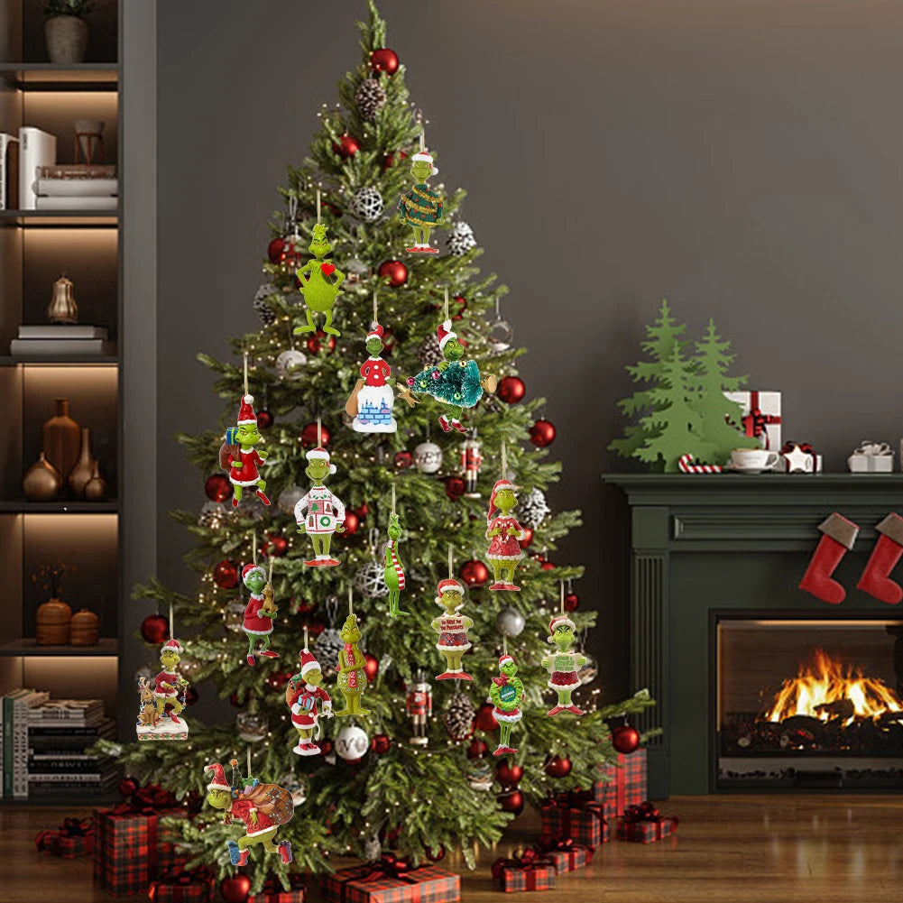 18Pcs 2D Acrylic Christmas Tree Green Monsters Ornaments Cute Green Monsters Christmas Tree Pendants Christmas Cartoon Ornaments