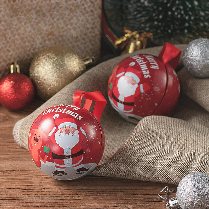 Christmas Round Ball Box Tinplate Candy Box Christmas Tree Decorations Candy Jar Xmas Tree Hanging Ball Candy Cans Kids Gift