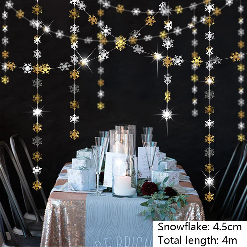 4M Silver Gold Snowflake Garlands for Christmas Tree Hanging Decor Winter Wonderland Party Fake Snow Decoration Paper Streamers