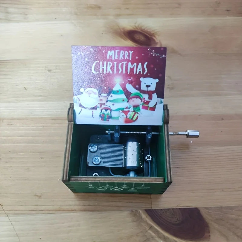 Merry Christmas Series Music Box Wooden Antique Carved Hand Cranked Classic Theme Music for Birthday Party Gifts Family Decor