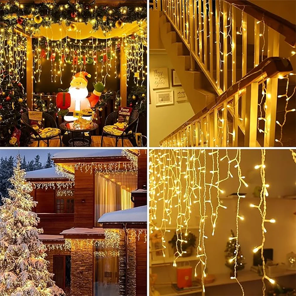 Solar Christmas Eaves Lights String Outdoor Waterproof Icicle Lights 8 Modes for Eaves Yard Party Indoor Holiday Decoration