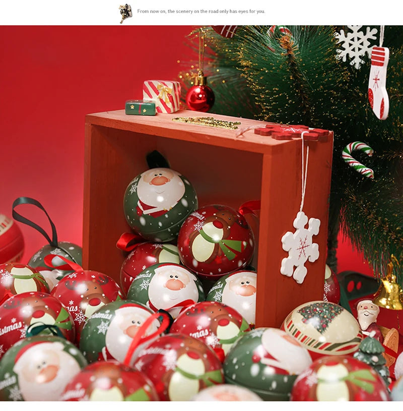 Christmas Round Ball Box Tinplate Candy Box Christmas Tree Decorations Candy Jar Xmas Tree Hanging Ball Candy Cans Kids Gift