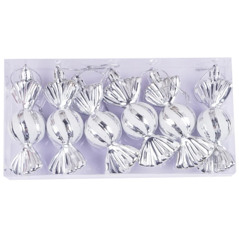 Christmas tree decorations, snowmen, faceless Santa Claus, candy sticks, colorful balls, small houses, Christmas atmosphere deco