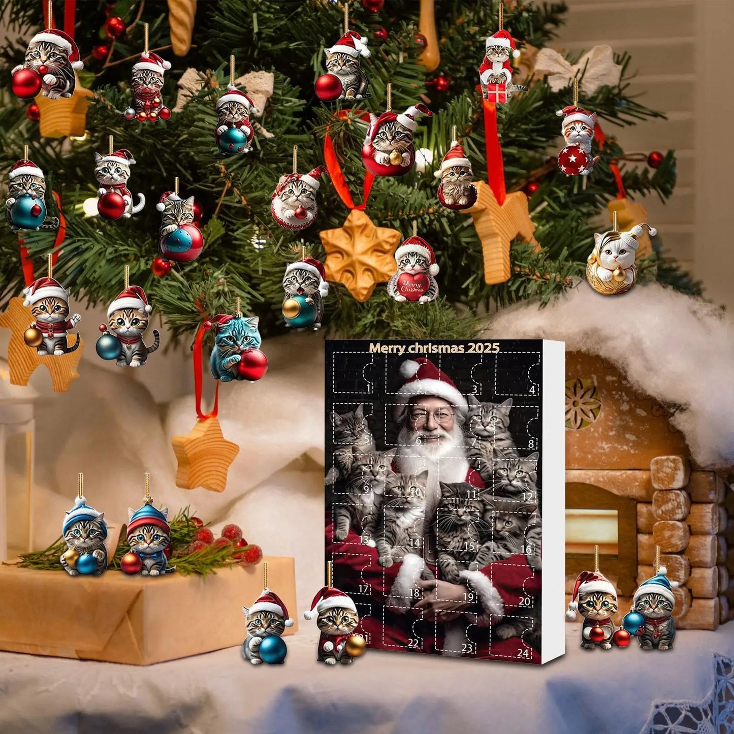 24 Piece Cat Christmas Advent Calendar Set - 2D Acrylic Cute Kitten Ornaments for Tree, Window, Wall, Door, Car Rearview Mirror