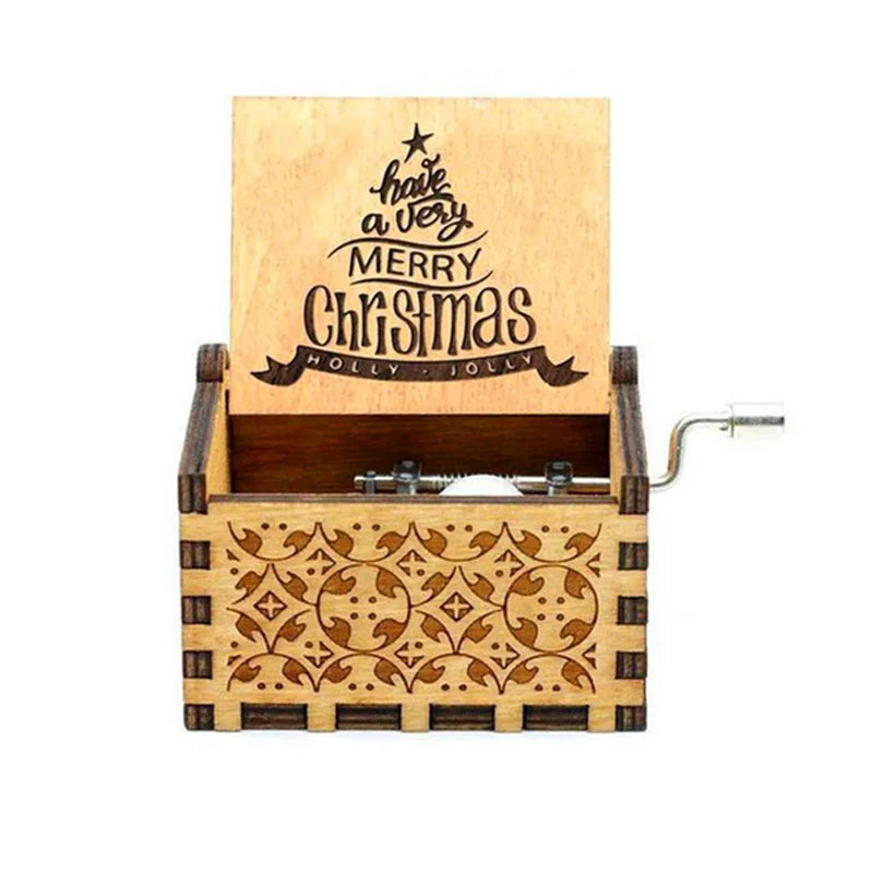 Merry Christmas Series Music Box Wooden Antique Carved Hand Cranked Classic Theme Music for Birthday Party Gifts Family Decor