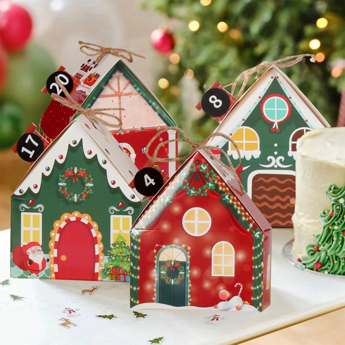 6Pcs Merry Christmas 2025 Gift Bags House Shape Kraft Paper Candy Cookie Bags Packaging Boxes Christmas Tree Pendant Party Decor