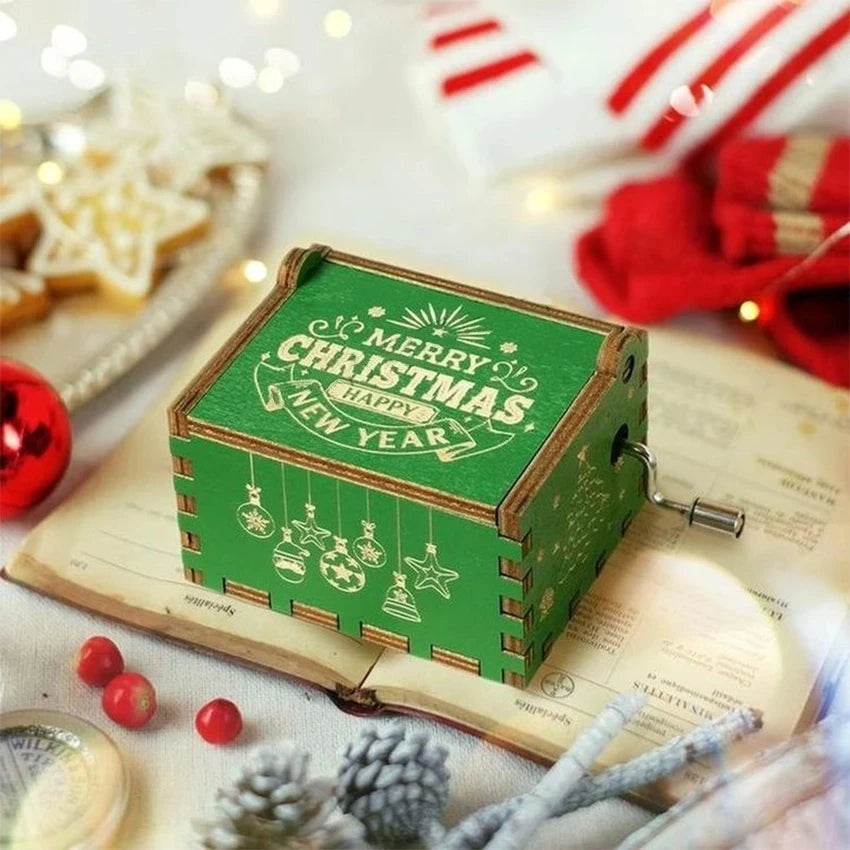 Merry Christmas Wooden Music Box Hand Cranked Movement Christmas Gifts for Children Birthday Present  Home Office Decoration