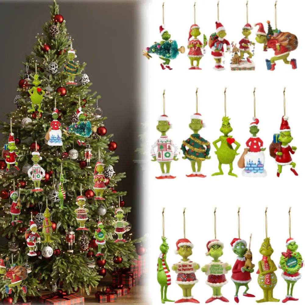 18Pcs 2D Acrylic Christmas Tree Green Monsters Ornaments Cute Green Monsters Christmas Tree Pendants Christmas Cartoon Ornaments