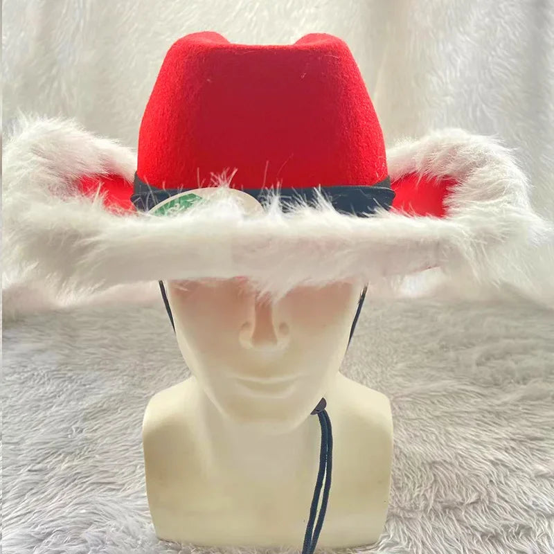 Fashion Santa Claus Party Christmas Luminous Cowboy Hat Western Red Felt Hats Wide Brim Cowgirl Hat Jazz Hat for Women Men