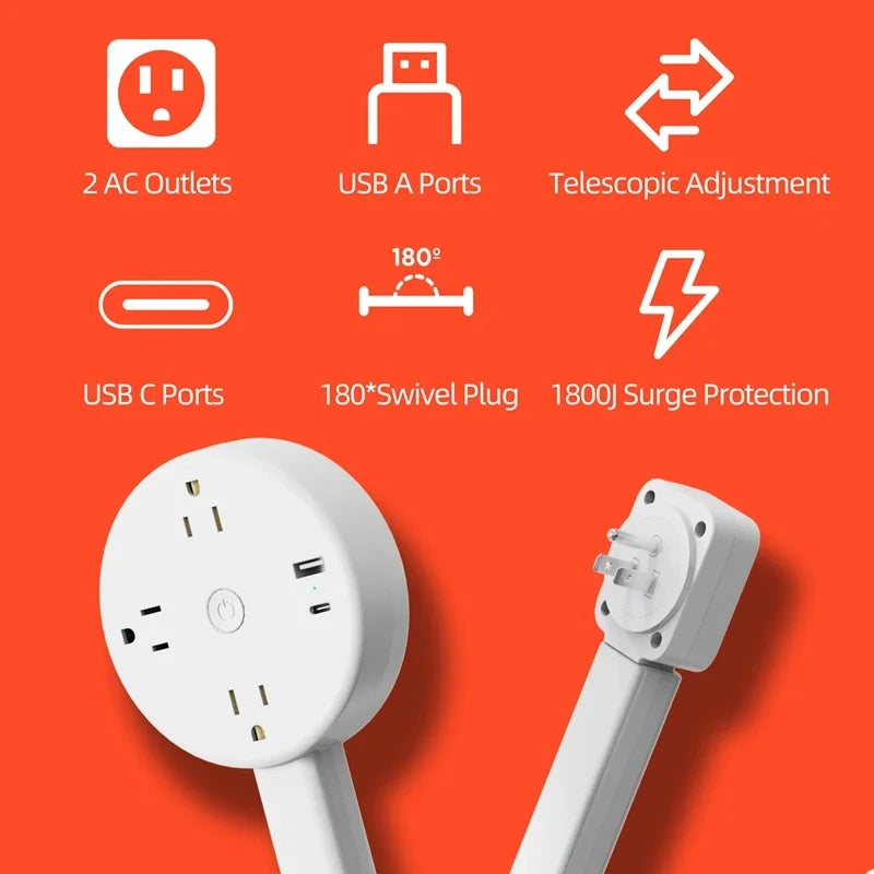 Rotates 180° Electrical Outlet Extender Adjustable Length Extension Cable US Plug Home Wall Desktop Ground Electric Socket