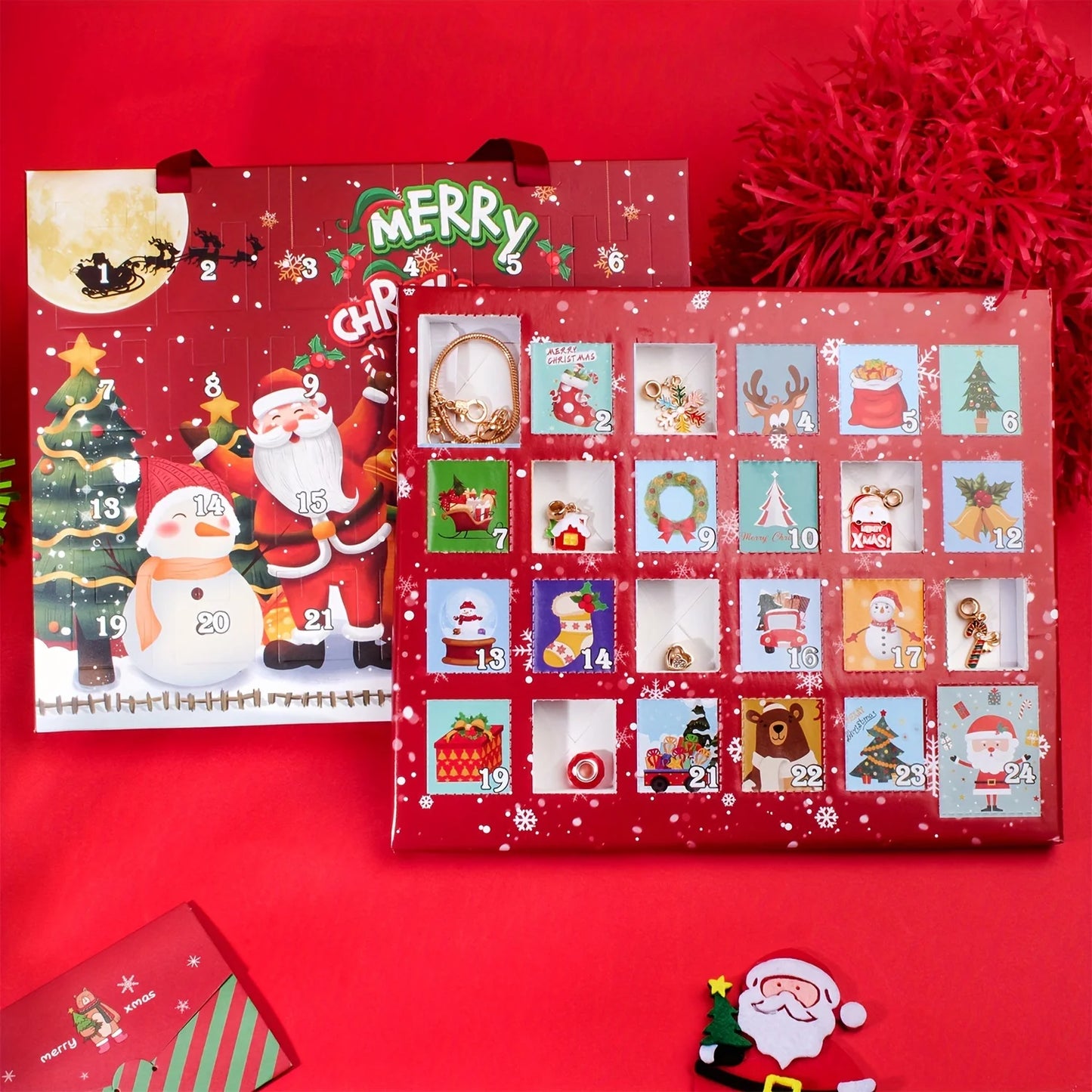 Portable portable Christmas countdown gift box, 24-day advent calendar, including Santa Claus, snowflakes, snowman pendants,