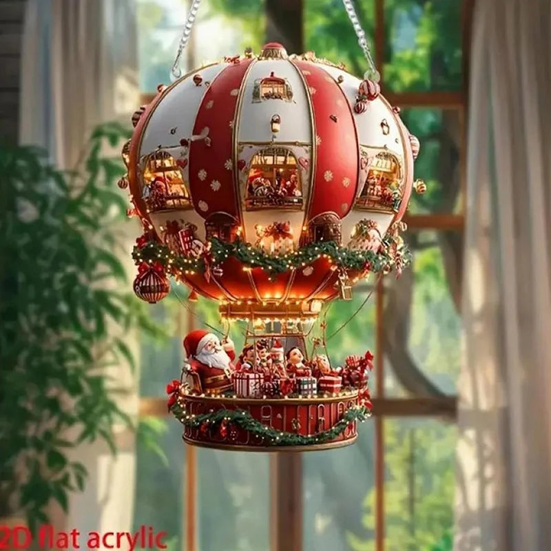 10/20Pcs Christmas Wooden Hot Air Balloon Santa Claus 2D Flat Wooden Pendant Christmas Tree Decoration Holiday Gift Decor