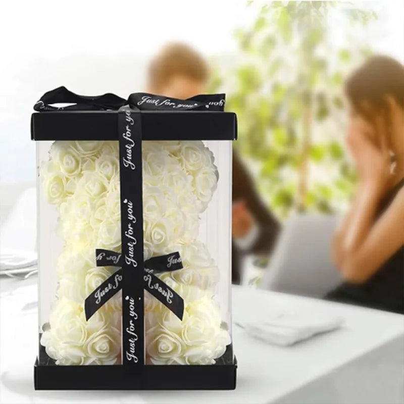 25cm Artificial Teddy Rose Flower Bear with Box Romantic Valentines Day Gift Girlfriend Women Anniversary Wedding Party Supplies