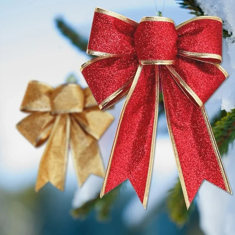 Christmas Bow Ornaments Xmas Tree Glitter Craft Bowknot Xmas Wreath Garland Decorative Ribbon Shiny Bows Christmas Decoration