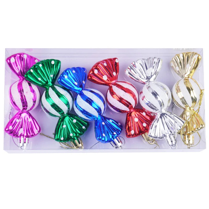 Christmas tree decorations, snowmen, faceless Santa Claus, candy sticks, colorful balls, small houses, Christmas atmosphere deco