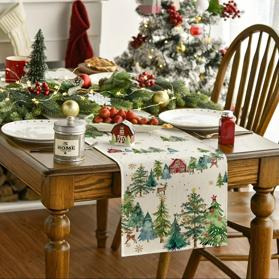 Christmas Tree Table Runner with Cedar Snowflake Print, Woven Linen Winter Theme for Indoor Outdoor Dining Home Decor