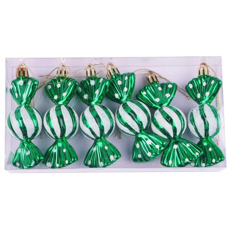 Christmas tree decorations, snowmen, faceless Santa Claus, candy sticks, colorful balls, small houses, Christmas atmosphere deco