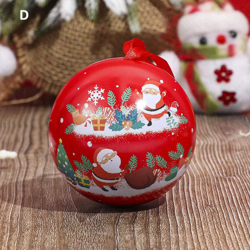 Creative Christmas Candy Box Tin Round Ball Shaped for Kids Gift Packaging Box DIY Xmas Tree Hanging Decoration Party Supplies