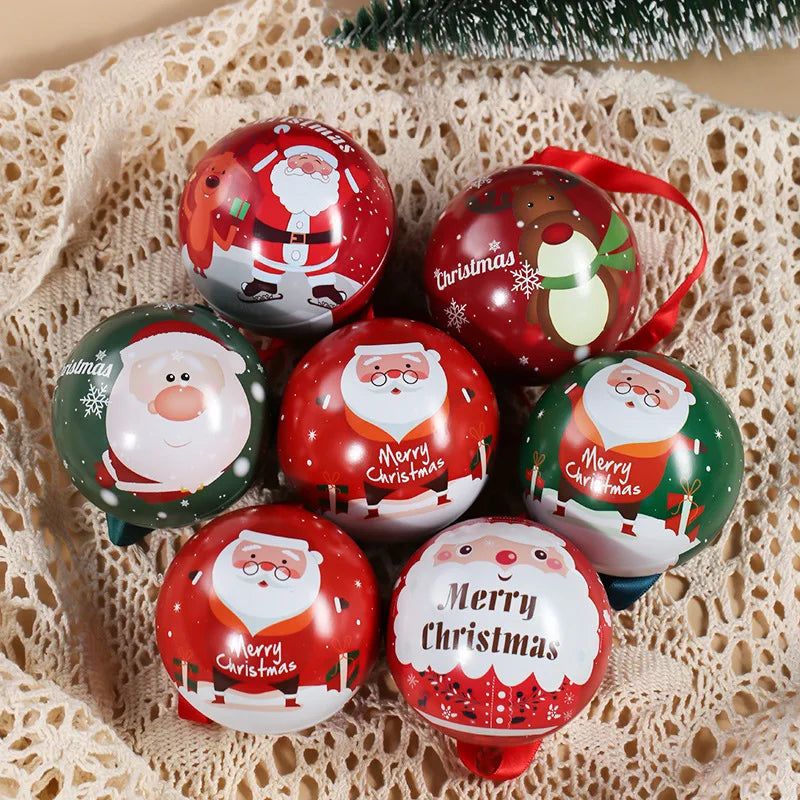 Christmas Round Ball Box Tinplate Candy Box Christmas Tree Decorations Candy Jar Xmas Tree Hanging Ball Candy Cans Kids Gift