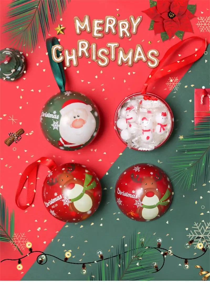 Christmas Round Ball Box Tinplate Candy Box Christmas Tree Decorations Candy Jar Xmas Tree Hanging Ball Candy Cans Kids Gift