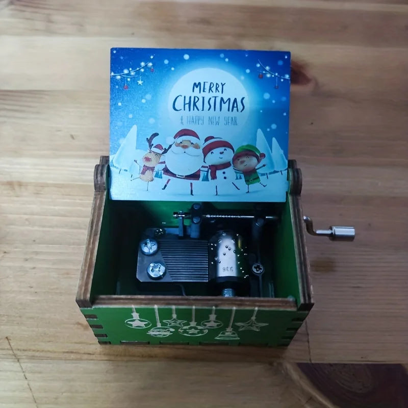 Merry Christmas Series Music Box Wooden Antique Carved Hand Cranked Classic Theme Music for Birthday Party Gifts Family Decor