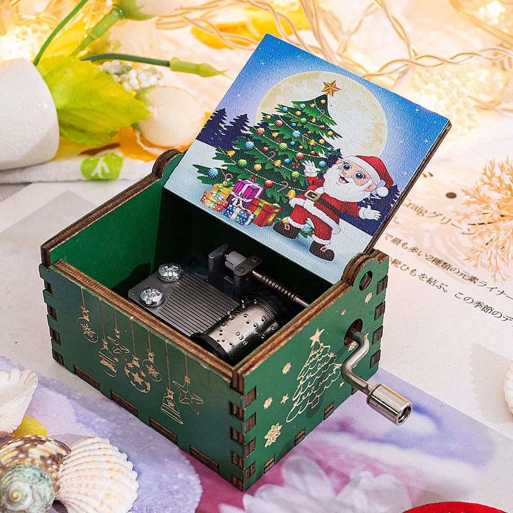 Merry Christmas Wooden Music Box Hand Cranked Movement Christmas Gifts for Children Birthday Present  Home Office Decoration