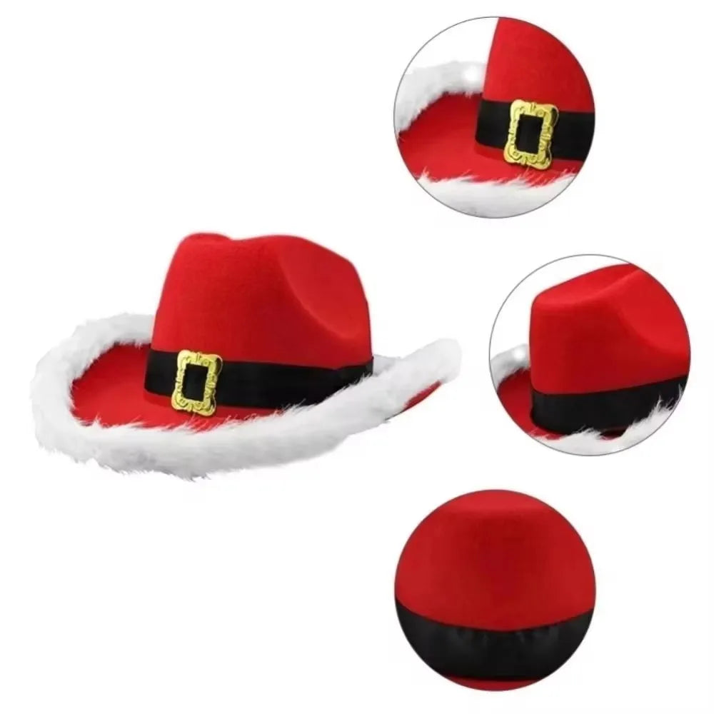 Fashion Santa Claus Party Christmas Luminous Cowboy Hat Western Red Felt Hats Wide Brim Cowgirl Hat Jazz Hat for Women Men