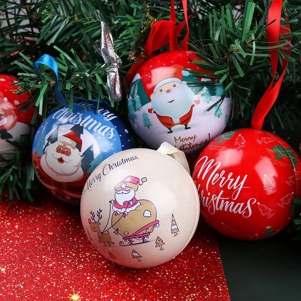 Creative Christmas Candy Box Tin Round Ball Shaped for Kids Gift Packaging Box DIY Xmas Tree Hanging Decoration Party Supplies