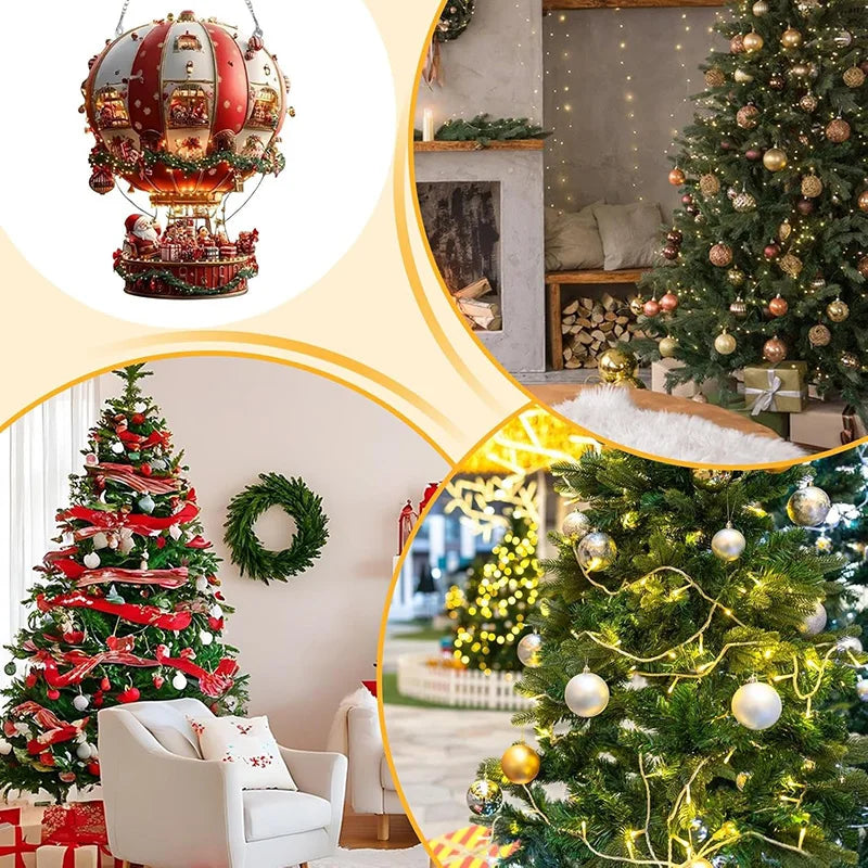 10/20Pcs Christmas Wooden Hot Air Balloon Santa Claus 2D Flat Wooden Pendant Christmas Tree Decoration Holiday Gift Decor