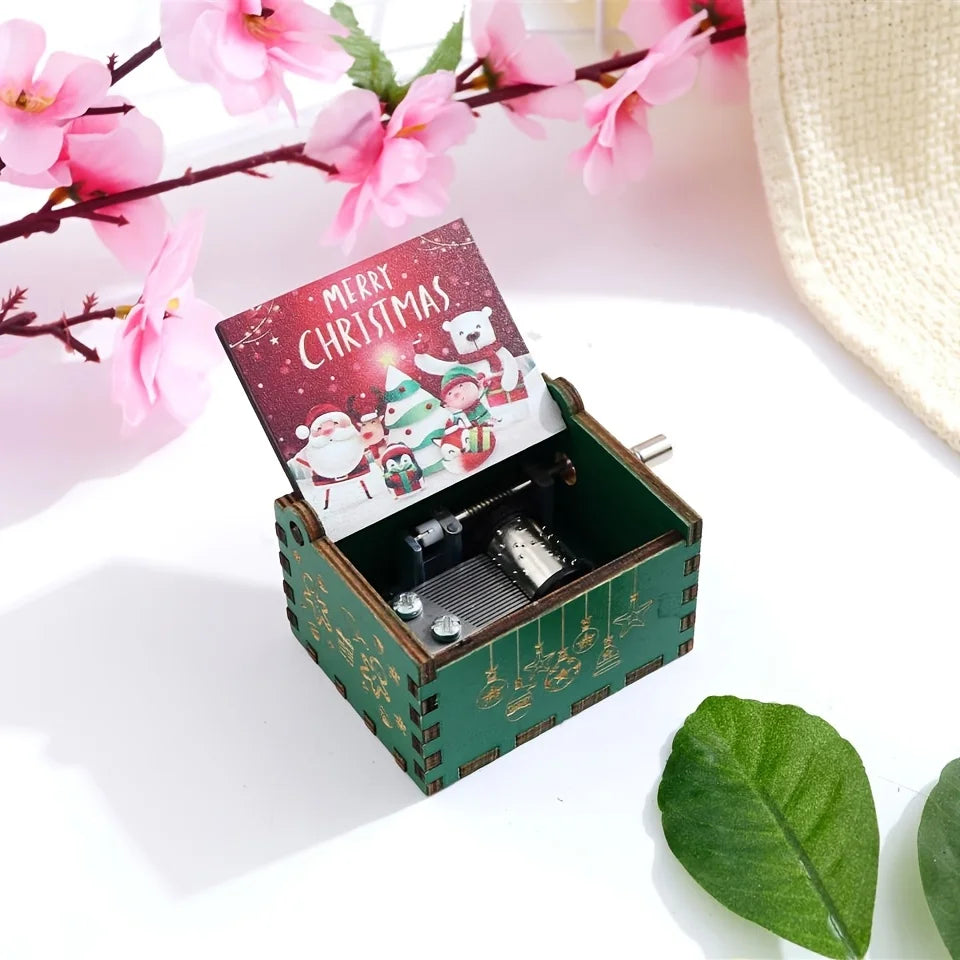 Merry Christmas Series Music Box Wooden Antique Carved Hand Cranked Classic Theme Music for Birthday Party Gifts Family Decor