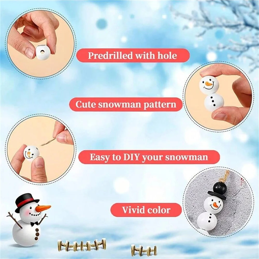 50 Pcs Christmas Snowman Wooden Beads DIY Craft Kit, Festive Decoration Set with Jute Rope, Perfect for Holiday Parties & Gifts