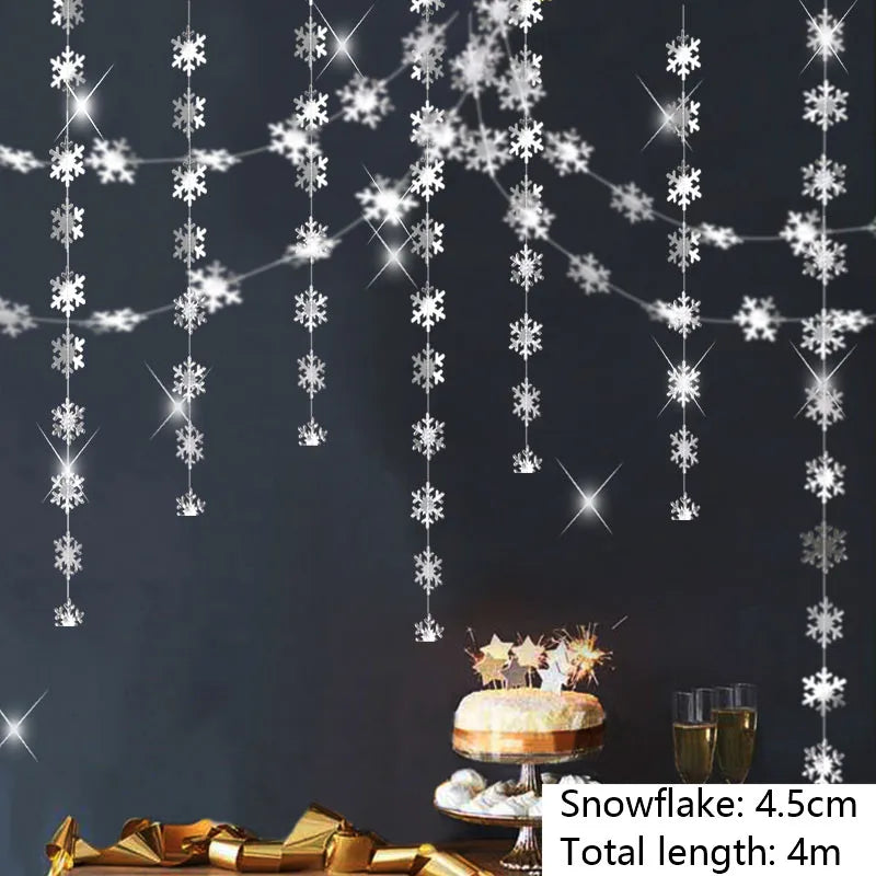 4M Silver Gold Snowflake Garlands for Christmas Tree Hanging Decor Winter Wonderland Party Fake Snow Decoration Paper Streamers
