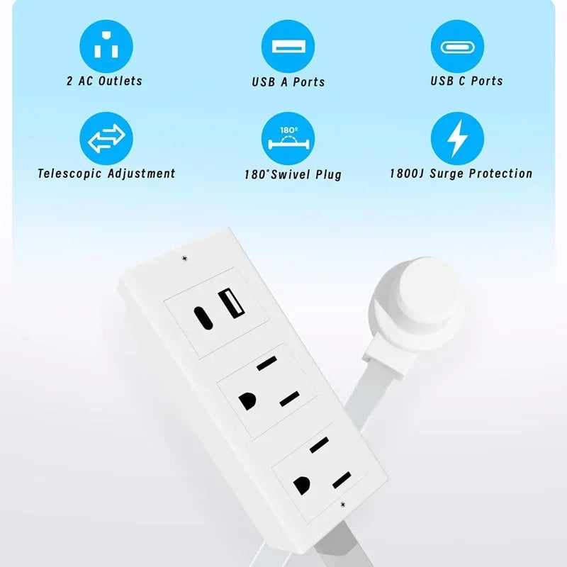 Rotates 180° Electrical Outlet Extender Adjustable Length Extension Cable US Plug Home Wall Desktop Ground Electric Socket