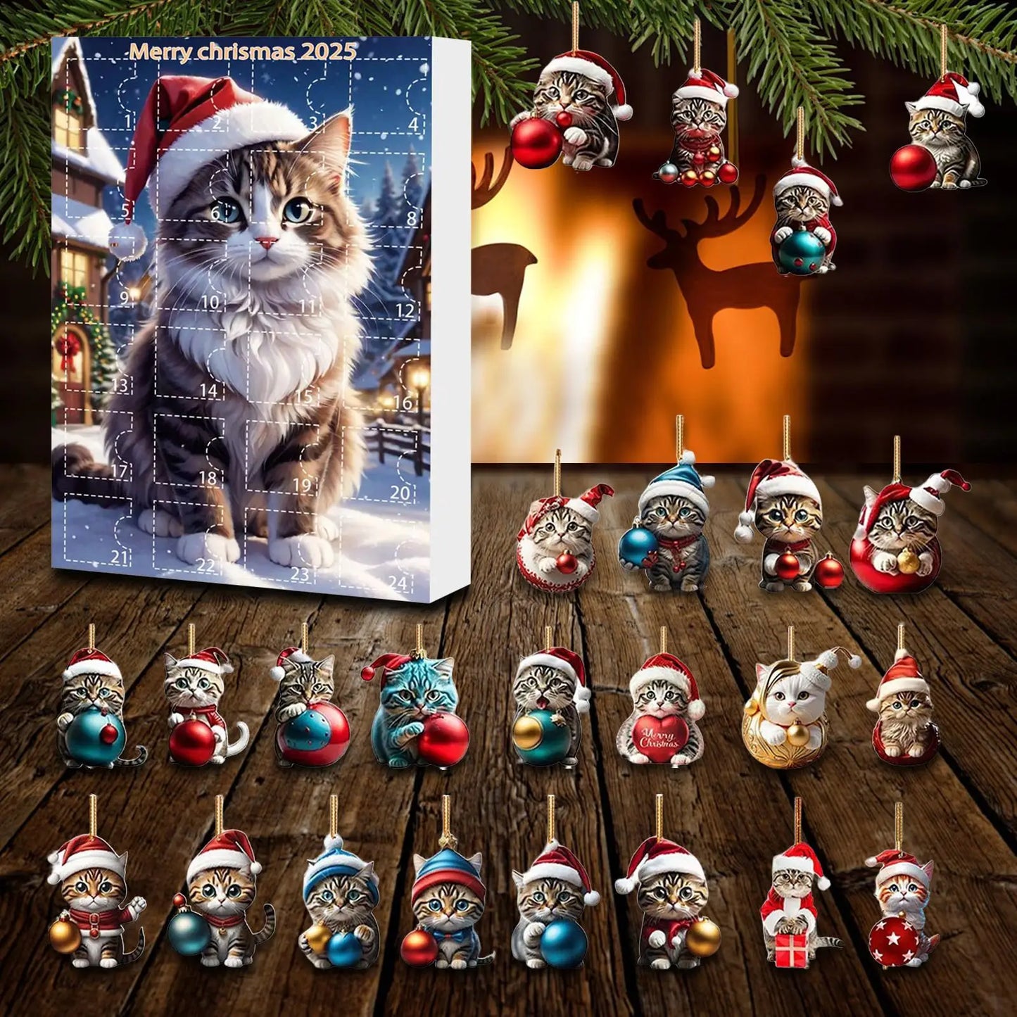 24 Piece Cat Christmas Advent Calendar Set - 2D Acrylic Cute Kitten Ornaments for Tree, Window, Wall, Door, Car Rearview Mirror