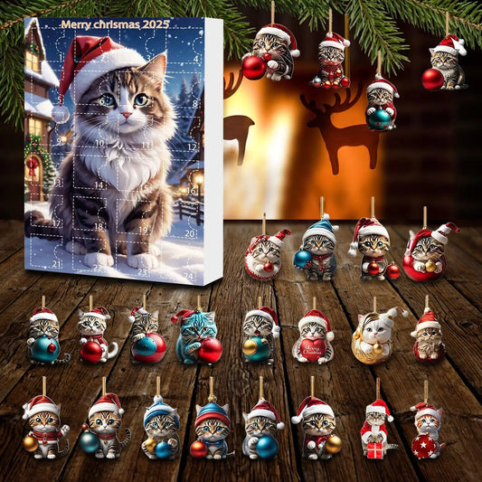 24 Piece Cat Christmas Advent Calendar Set - 2D Acrylic Cute Kitten Ornaments for Tree, Window, Wall, Door, Car Rearview Mirror