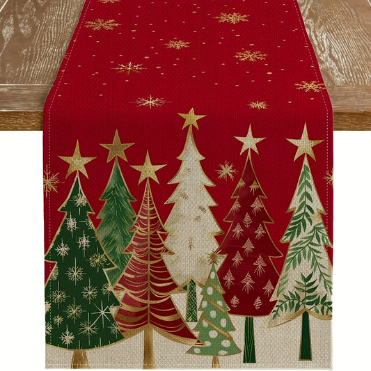 1 Piece Christmas Table Runner - Rectangular Holiday Table Decoration, Red Christmas Tree Design, Suitable for Holiday Dining