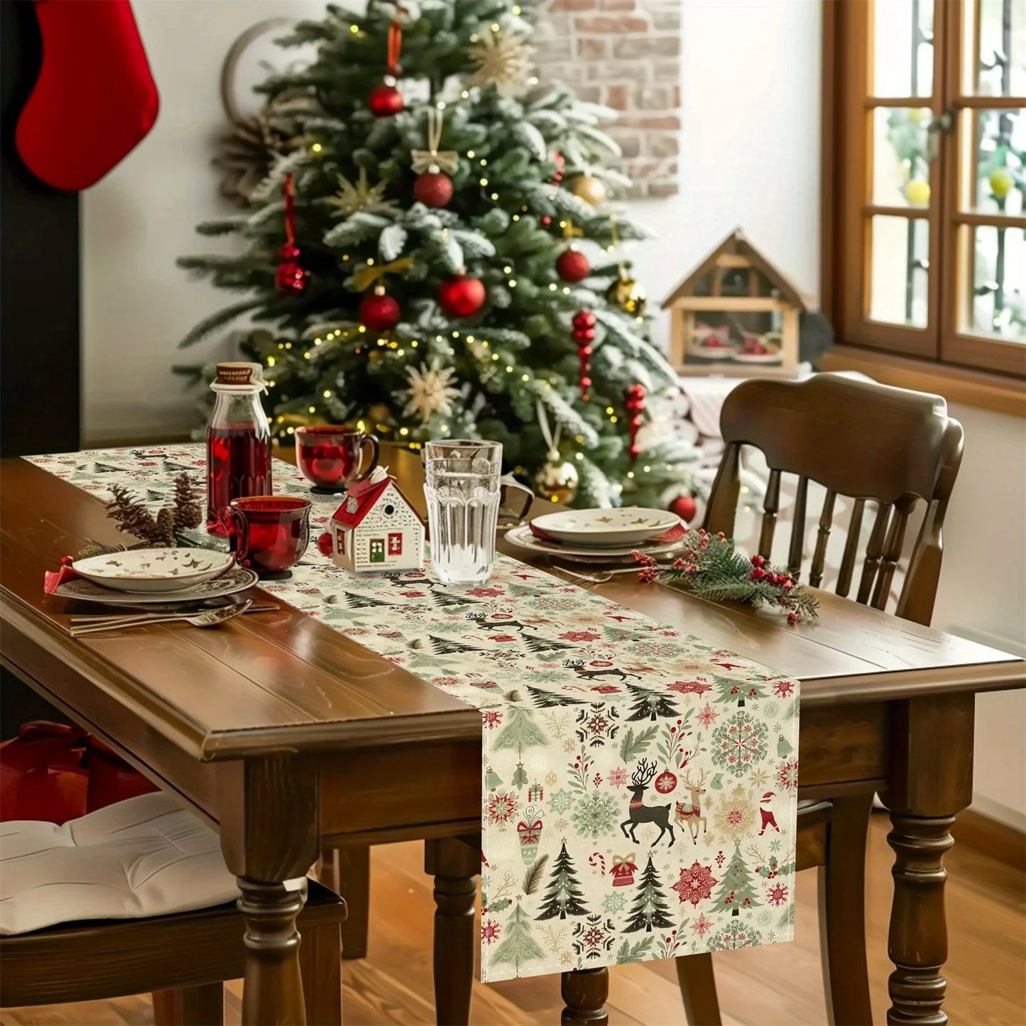 Festive Christmas Table Runner | Reindeer, Pine Trees & Snowflakes Design |Ideal for Dining Room , Holiday Dining Table Settings