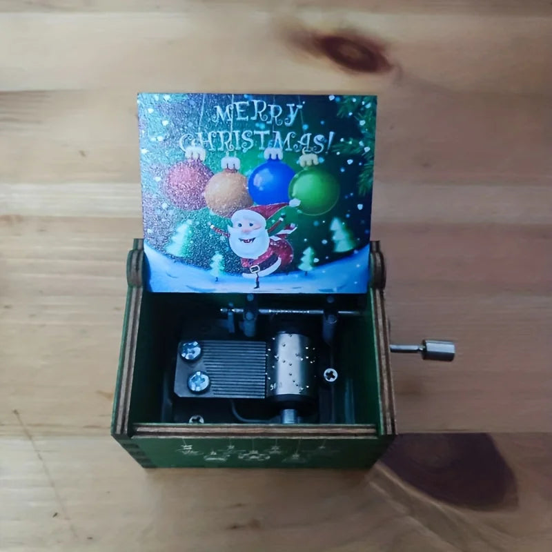Merry Christmas Series Music Box Wooden Antique Carved Hand Cranked Classic Theme Music for Birthday Party Gifts Family Decor