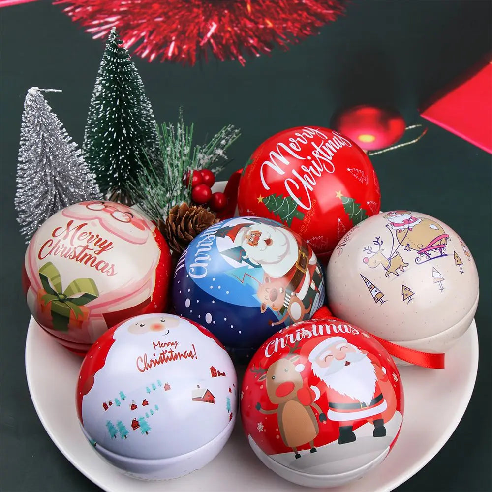 Christmas Round Ball Box Tinplate Candy Box Christmas Tree Decorations Candy Jar Xmas Tree Hanging Ball Candy Cans Kids Gift