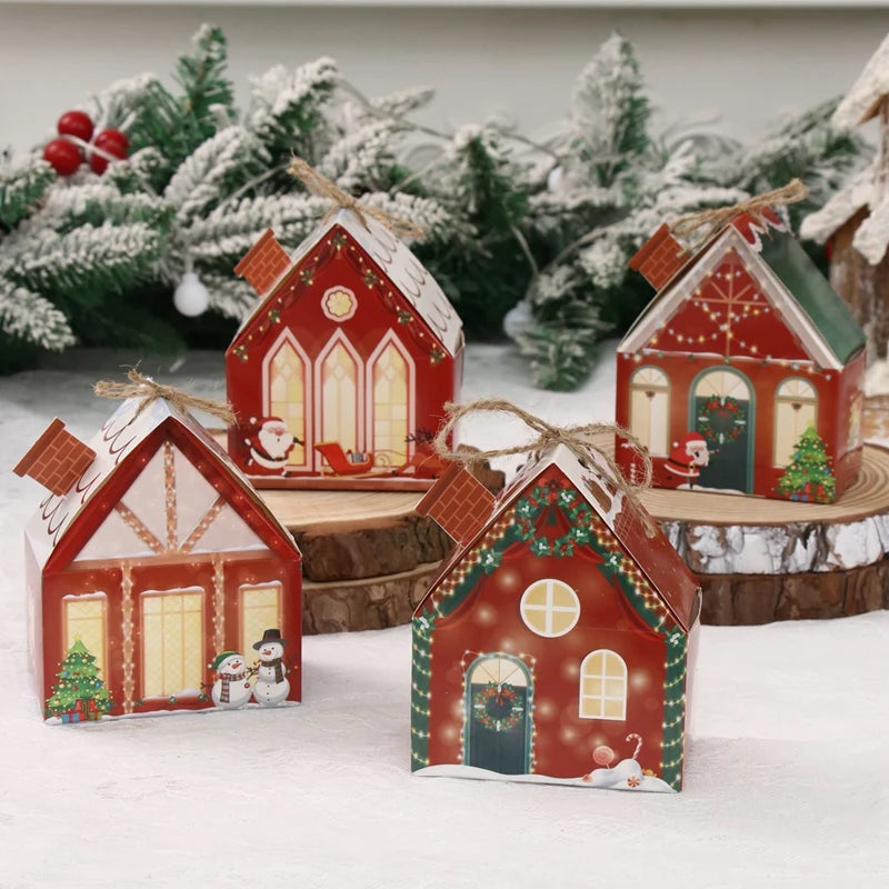 6Pcs Merry Christmas 2025 Gift Bags House Shape Kraft Paper Candy Cookie Bags Packaging Boxes Christmas Tree Pendant Party Decor