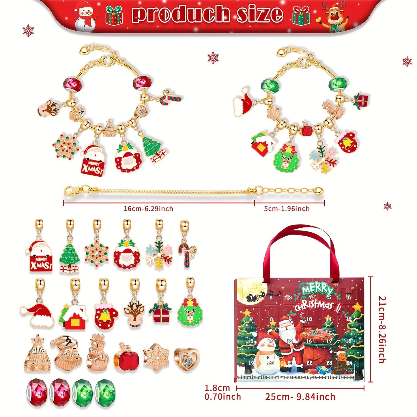 Portable portable Christmas countdown gift box, 24-day advent calendar, including Santa Claus, snowflakes, snowman pendants,